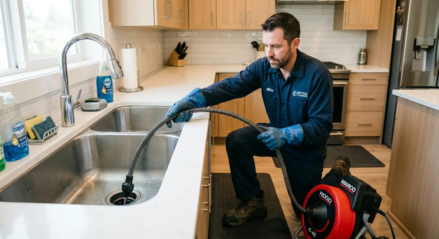 Drain cleaning technician using a motorized snake on a kitchen sink in Hernando