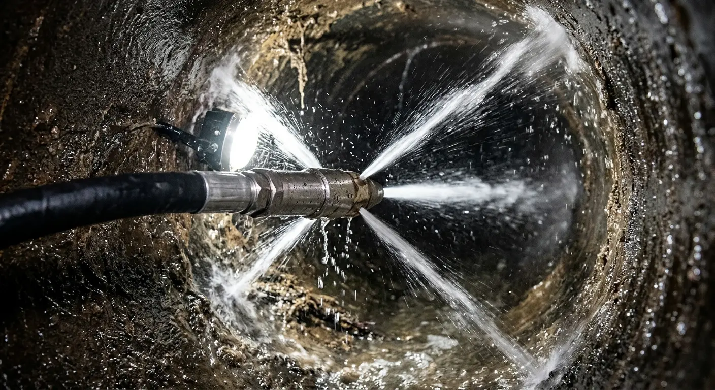 High-pressure hydro jetting nozzle cleaning sewer pipe for Emergency Drain Service in Hernando