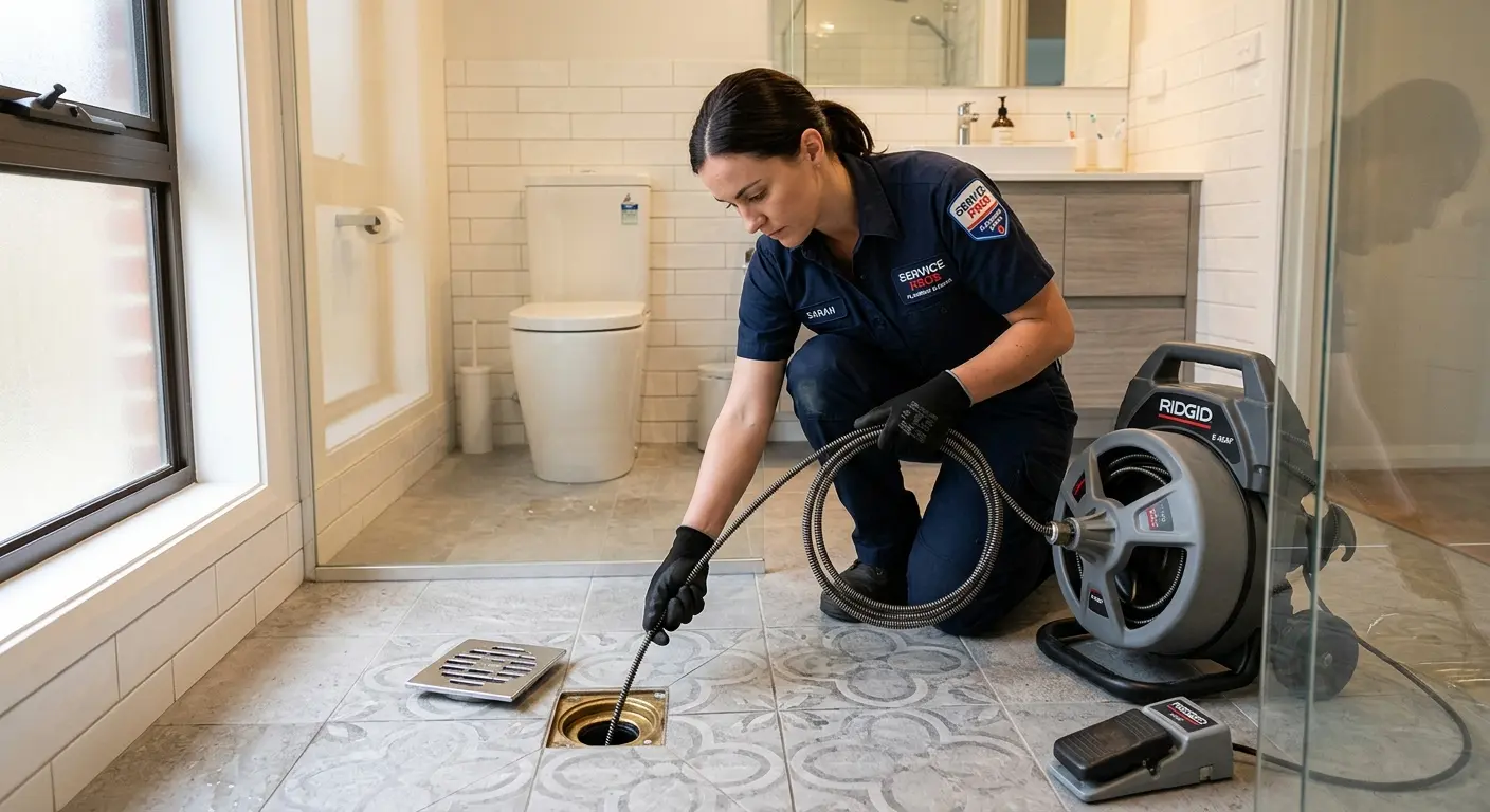 Technician clearing a bathroom floor drain for Hydro Jetting in Hernando